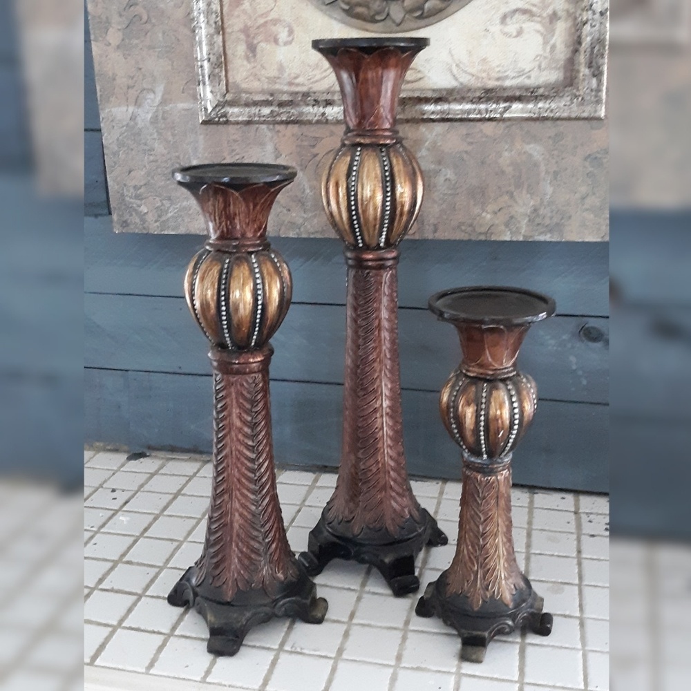 Group of Three Large Ornate Candlesticks